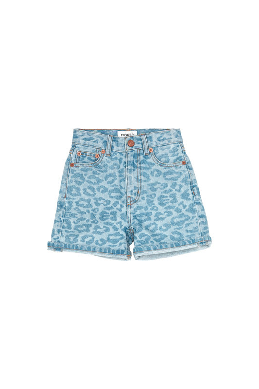 CHERRYL Light Blue Denim Leopard - High Waist 5-Pocket Shorts