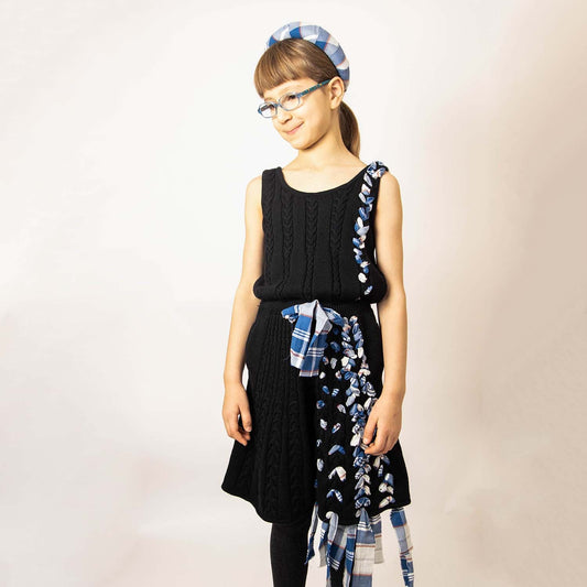 Black Cable Knit Dress with Blue Tartan Details