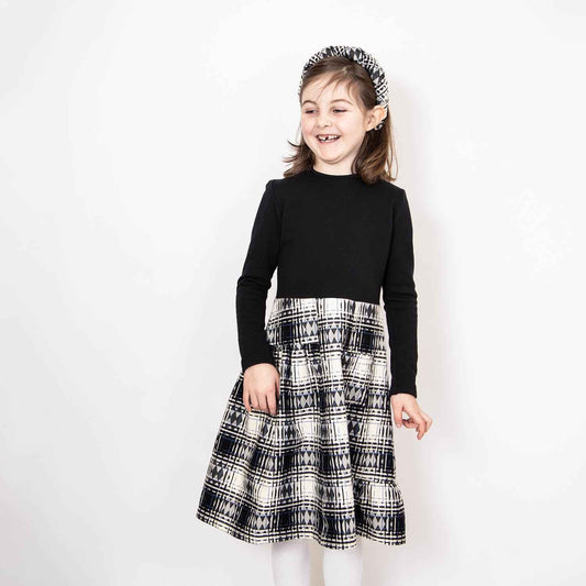 Black Dress with Tartan Skirt in Black & White
