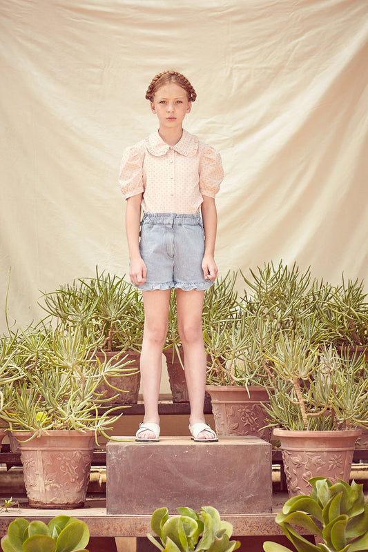 Striped denim frill shorts Shorts Coco au lait