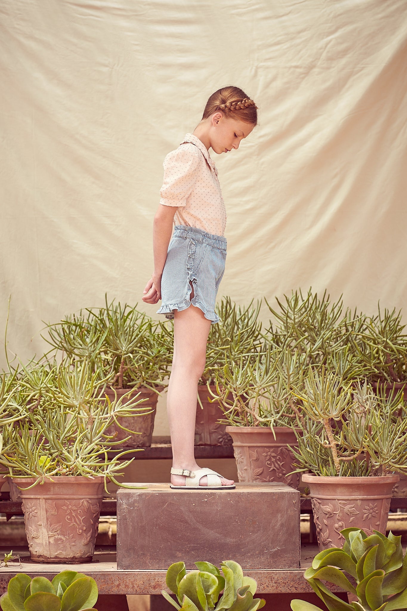 Striped denim frill shorts Shorts Coco au lait
