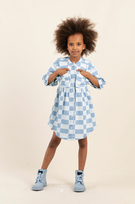 SWING Blue Denim Checkers - Short Sleeve Shirt Dress