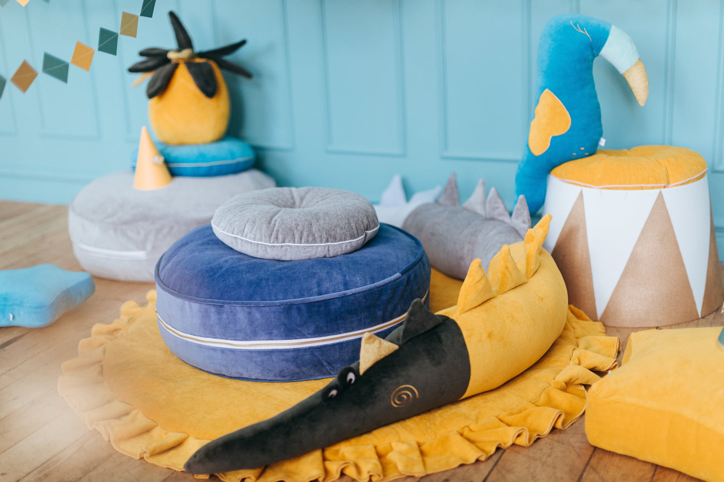Velvet Deep Blue Ottoman Beanbag Wigiwama 