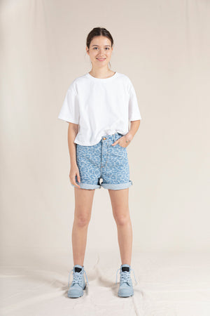 CHERRYL Light Blue Denim Leopard - High Waist 5-Pocket Shorts | Women