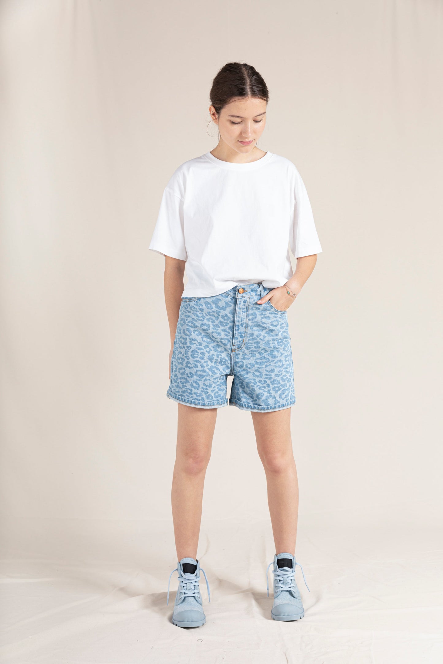 CHERRYL Light Blue Denim Leopard - High Waist 5-Pocket Shorts