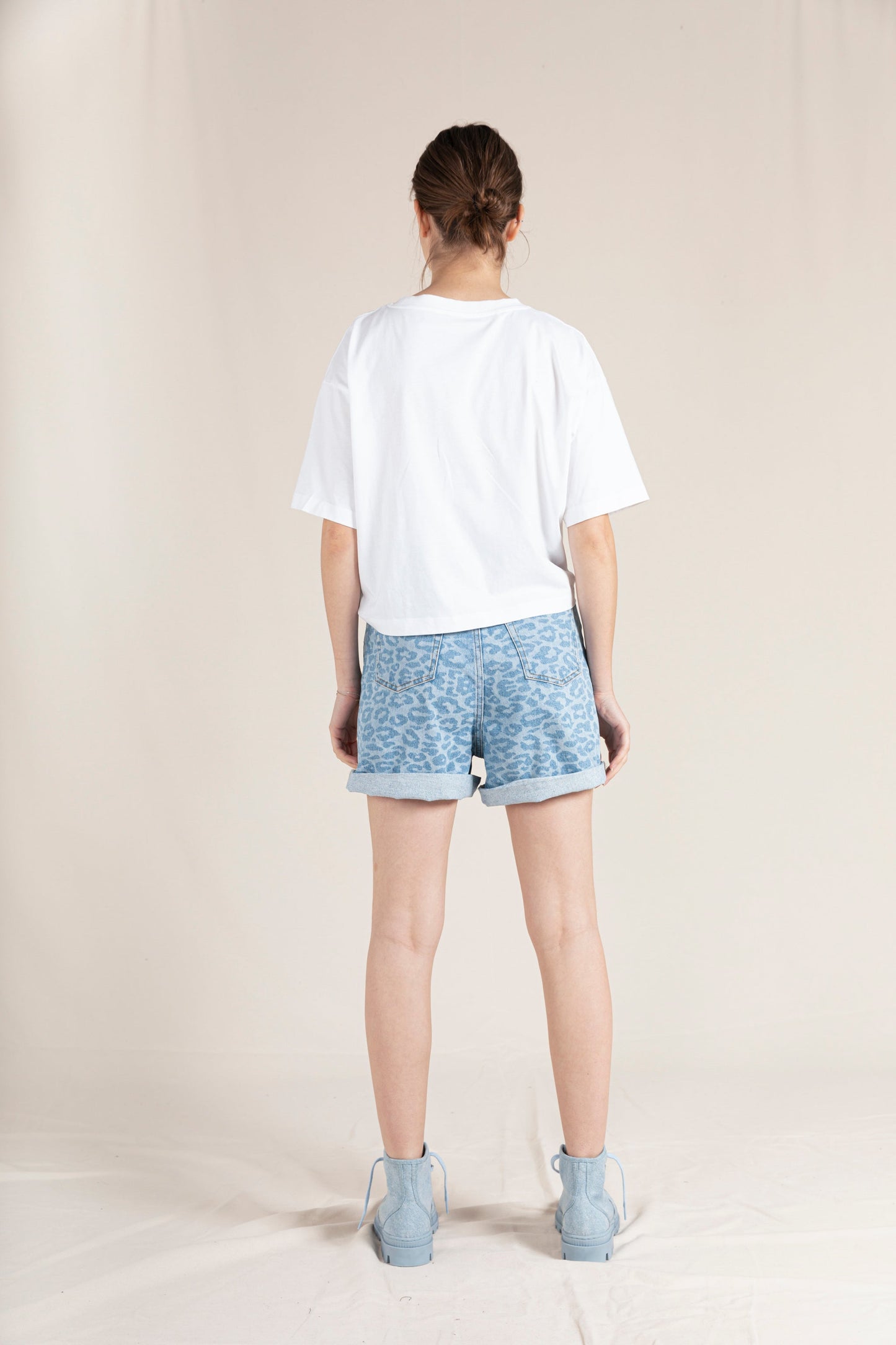 CHERRYL Light Blue Denim Leopard - High Waist 5-Pocket Shorts | Women
