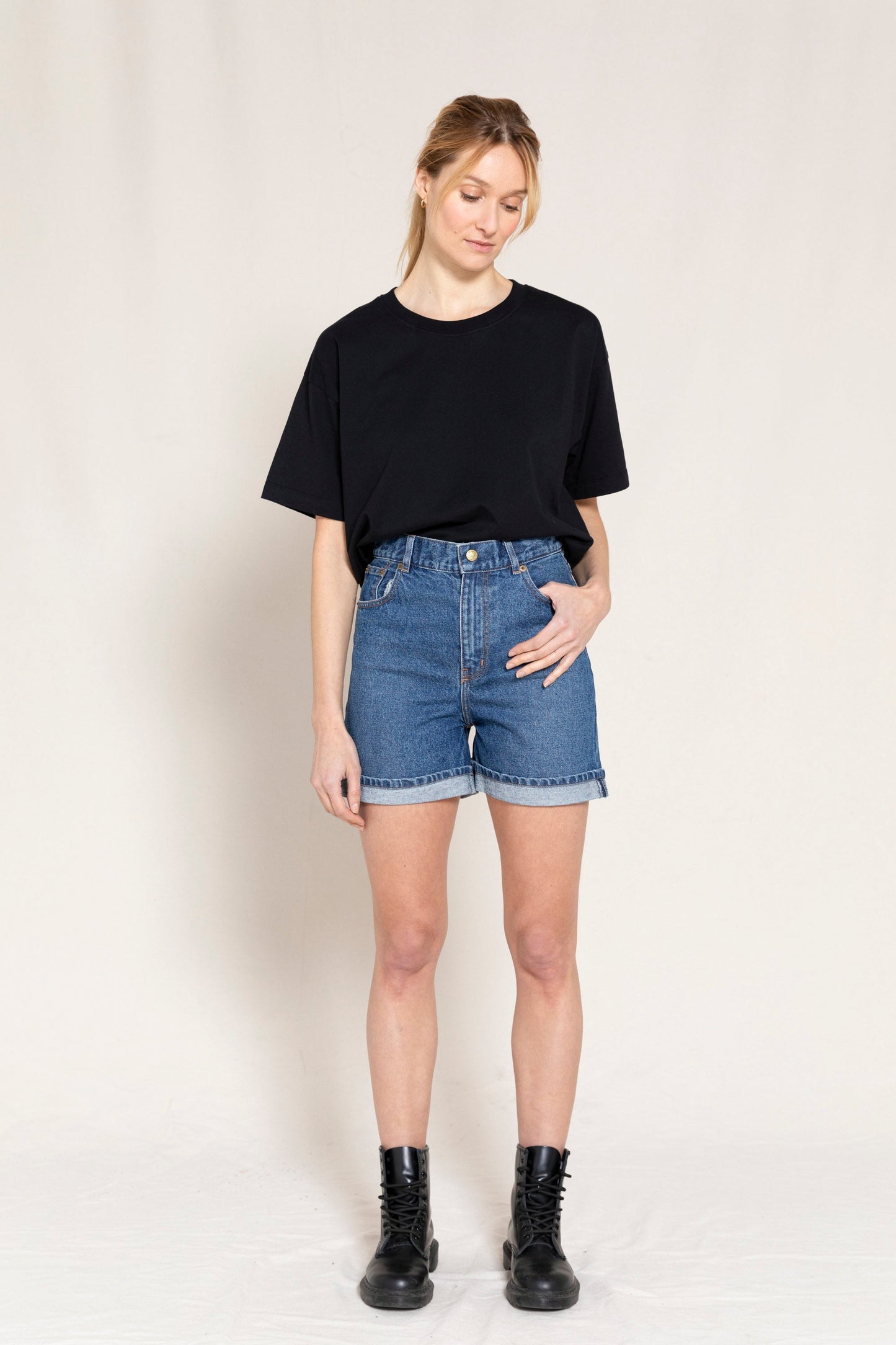 CHERRYL Medium Blue - High Waist 5-Pocket Shorts | Women