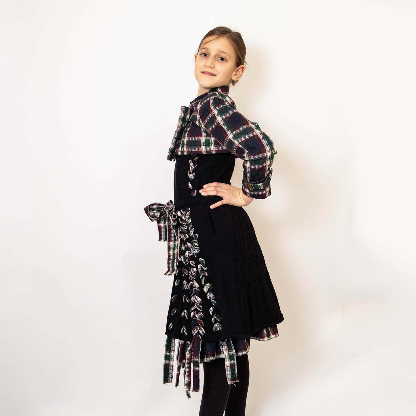 Black Cable Knit Dress with Red Tartan Details