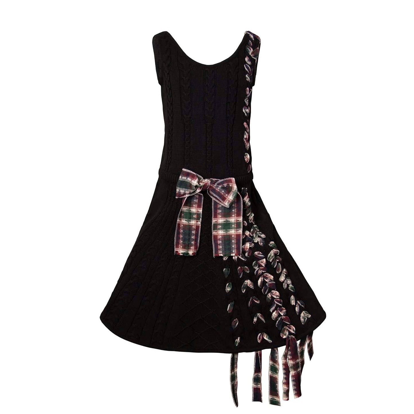 Black Cable Knit Dress with Red Tartan Details