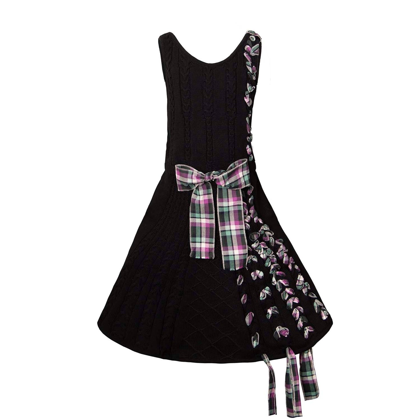 Black Cable Knit Dress with Purple Tartan Details