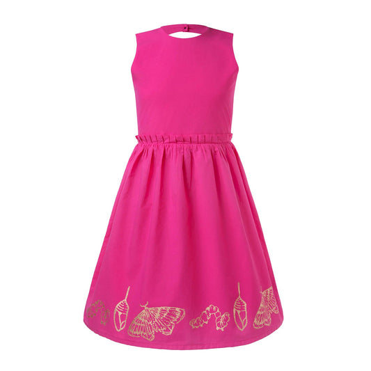 Hot Pink Dress with Cutout Back and Hand Block Print