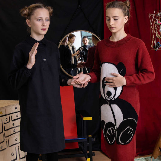 Black Shirt Dress with Panda Embroidery