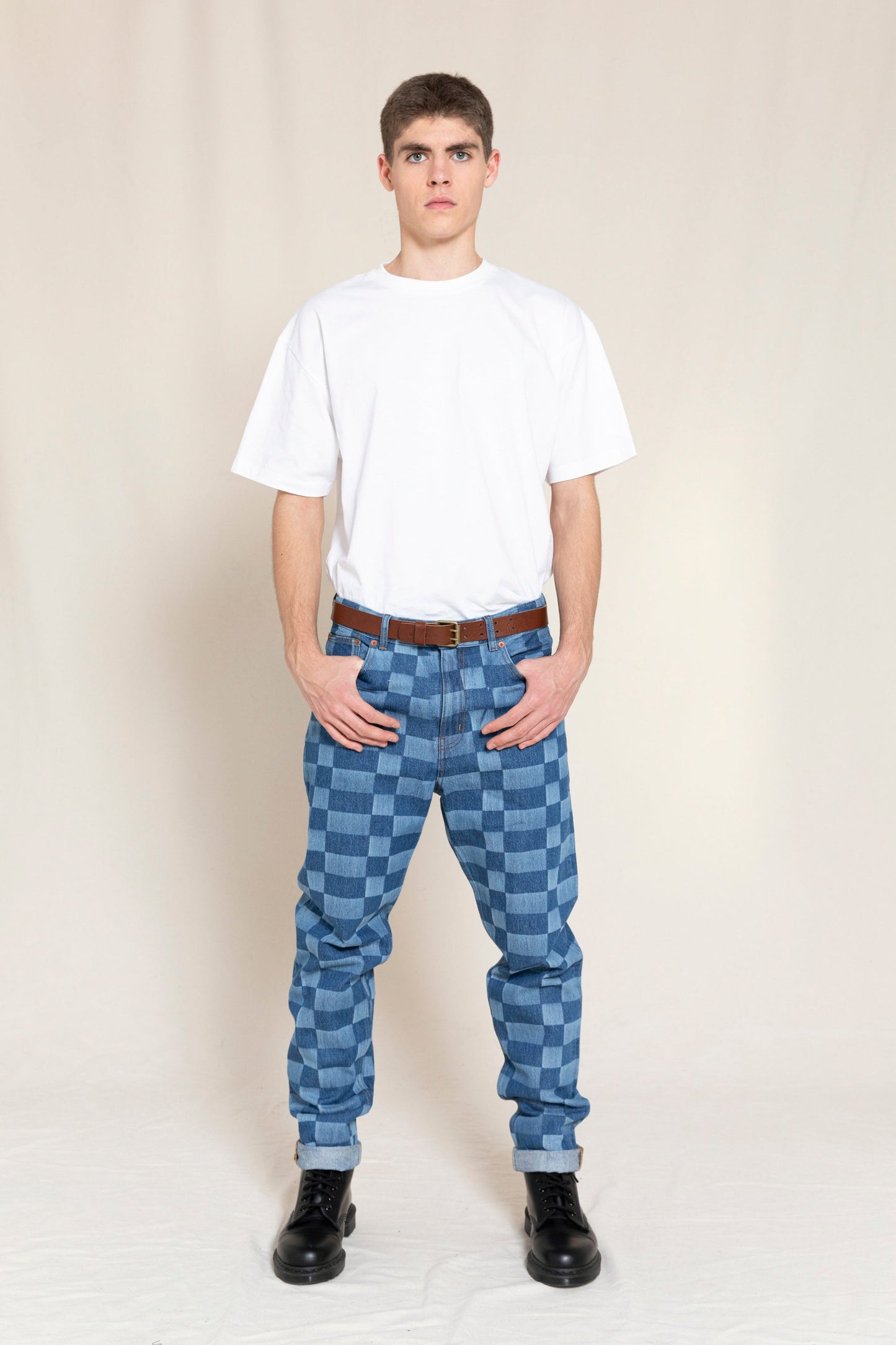 OLLIBIS Blue Denim Checkers - 5-Pocket Tapered Fit Jeans