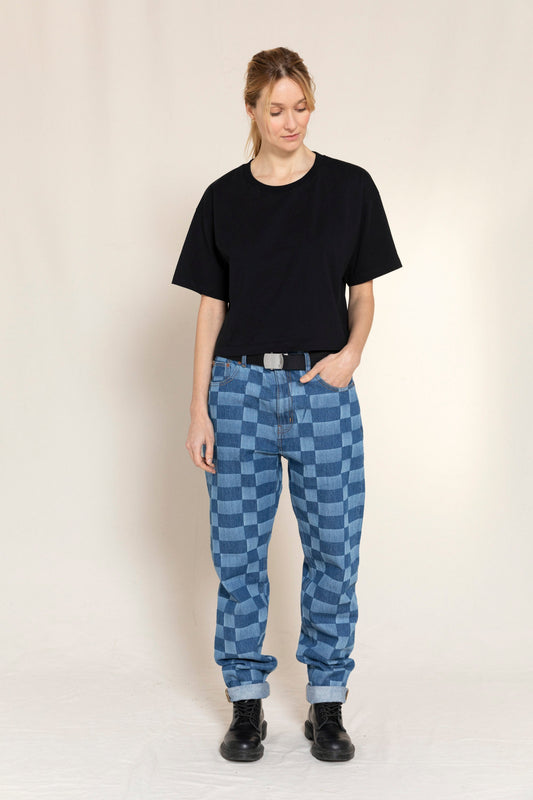 OLLIBIS Blue Denim Checkers - 5-Pocket Tapered Fit Jeans | Women