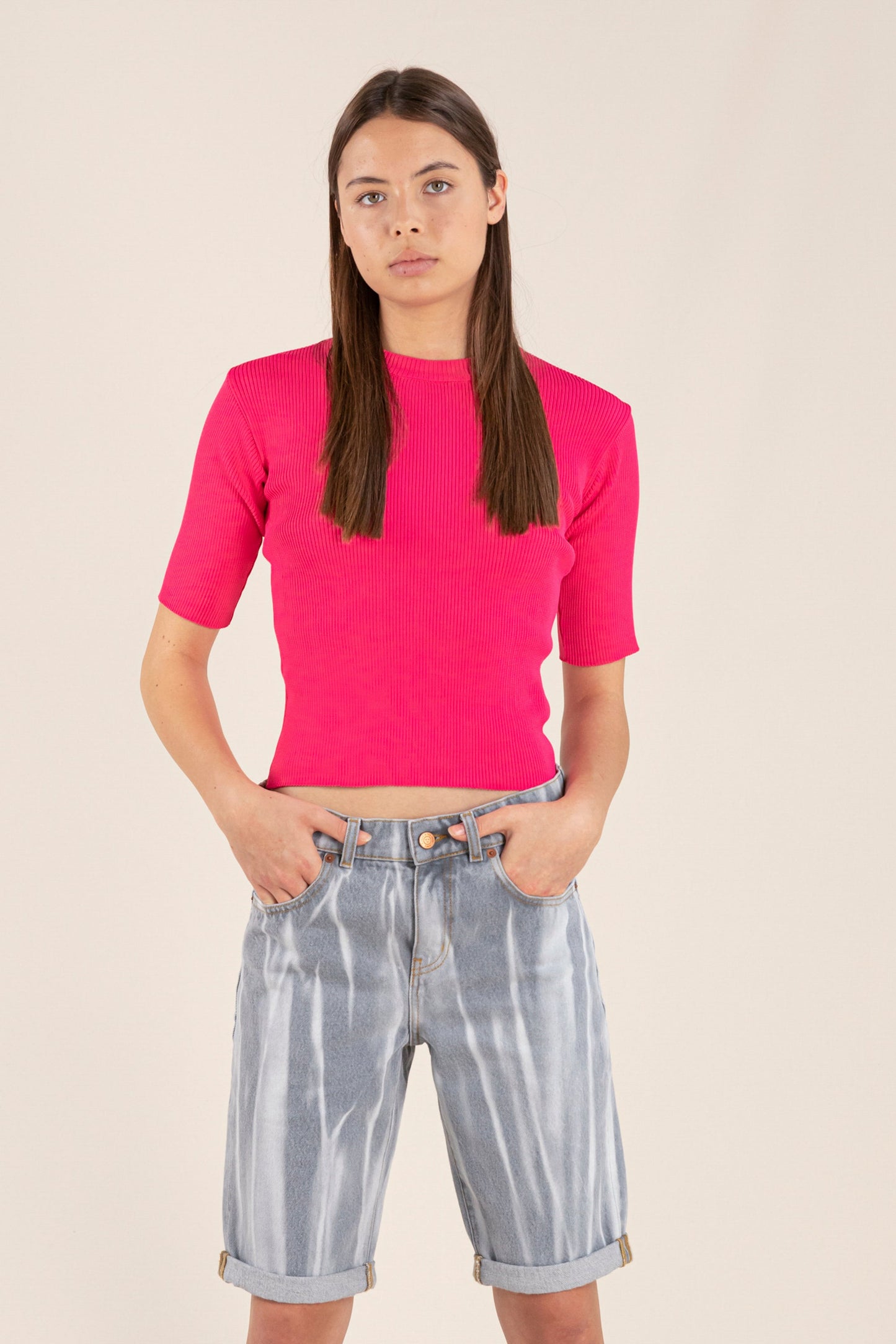 TRACY Fluo Pink - Short Sleeve Jumper